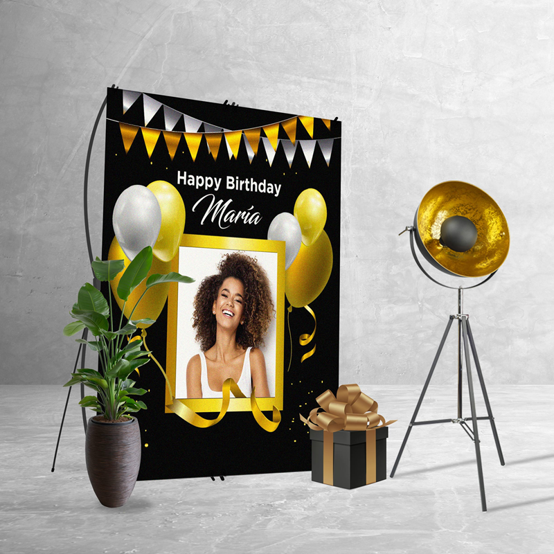 Marco Cumpleaños dorado, con carteles de regalo personalizados